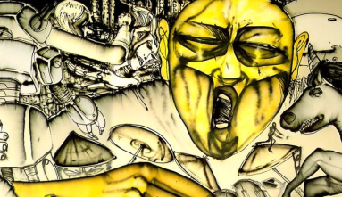 david choe painting of character playing drums